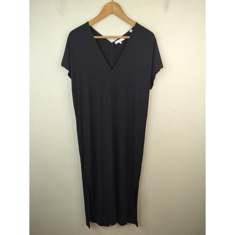 Vince Jersey Knit Midi Dress Medium Short Sleeve V-Neck Minimalist Black